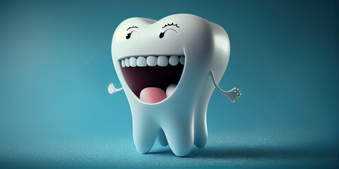 Happy cartoon tooth character. 3D realistic happy white teeth. Cleaning and whitening teeth concept. Generative AI