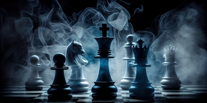 Chess figures on a dark background with smoke and fog. Epic chess game illustration. Chess game concept. Chess pieces on a chessboard, blurred background. Generative AI