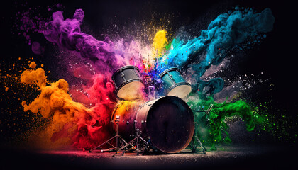 Drums with rainbow paint energetic explosion, Generative AI.	
