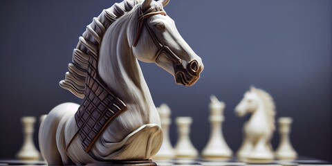 Horse chess piece on a chessboard, blurred background. An epic picture of a chessboard. Generative AI