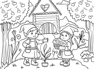 Gnomes with plants in the garden. Coloring book for children. Gnome coloring book. Black and white vector illustration.