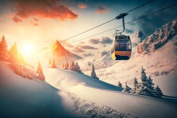 a breathtaking view of a cable car traveling across the mountainous landscape of a winter ski resort. AI generative