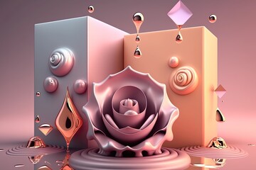 Abstract roses and water drops, geometric shapes, gold, pastel pink, lilac, purple, made by generative ai