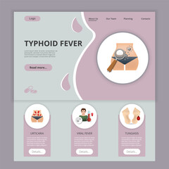 Typhoid fever flat landing page website template. Urticaria, viral fever, tungiasis. Web banner with header, content and footer. Vector illustration.