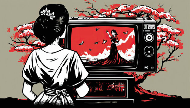 Classical Japanese Illustration of a Geisha Watching TV. Generative AI