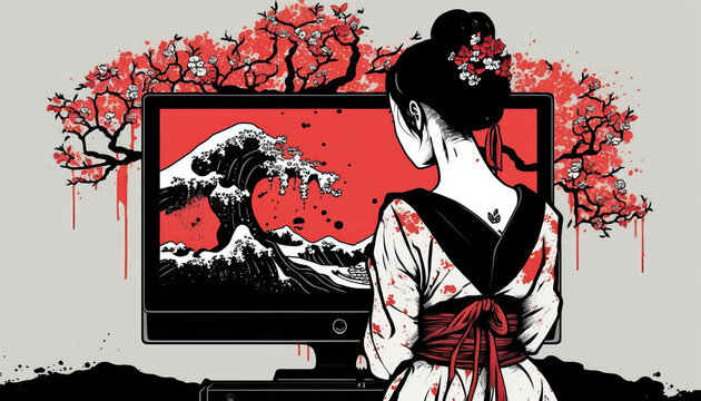 Classical Japanese Illustration of a Geisha Watching TV. Generative AI