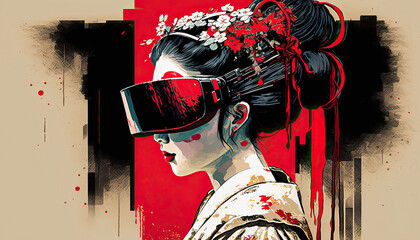 Classical Japanese Illustration of a Geisha Using a VR Glasses. Generative AI