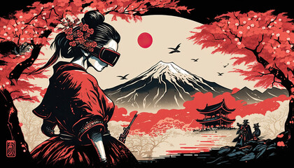 Classical Japanese Illustration of a Geisha Using a VR Glasses. Generative AI