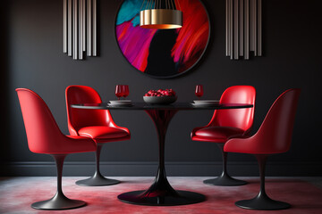 chairs and table black round table and colorful carmine red crimson chairs, empty wall blank , Generative AI	