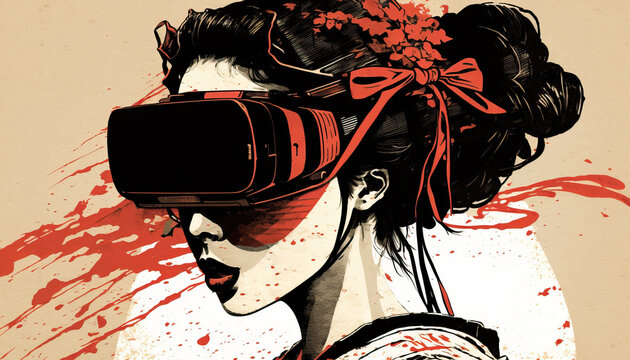 Classical Japanese Illustration of a Geisha Using a VR Glasses. Generative AI