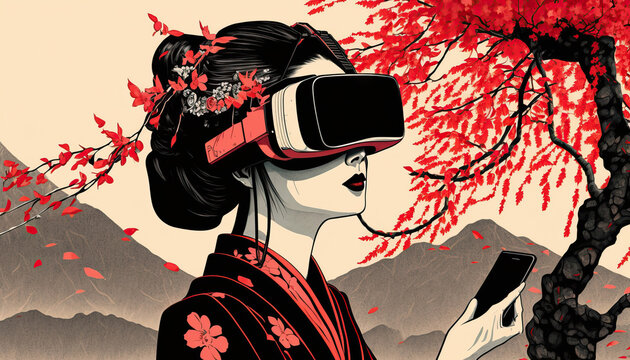 Classical Japanese Illustration of a Geisha Using a Smartphone. Generative AI