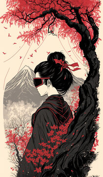 Classical Japanese Illustration of a Geisha Using a VR Glasses. Generative AI