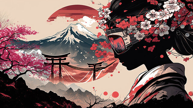 Classical Japanese Illustration of a Geisha Using a VR Glasses. Generative AI