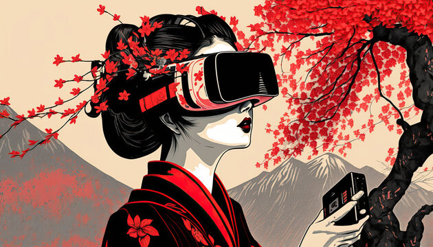 Classical Japanese Illustration of a Geisha Using a VR Glasses. Generative AI