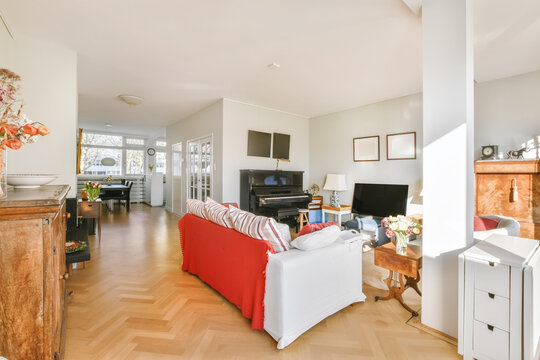 Spacious Living Room With Colorful Sofa