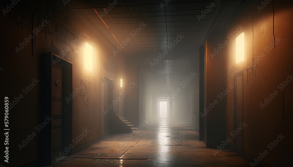 Poster dark factory hallway illuminated light background. generative ai technology.