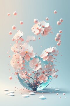 Abstract cherry blossoms with spheres and water drops, Sakura, pastel colors, pink, blue, made by generative ai