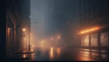 Retro city street at misty illuminated melancholic night background. Generative AI technology.