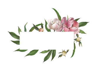 Watercolor floral frame template with pink and white peony flowers and green leaves. Hand drawn botanical rectangle border for title, wedding invitation, greeting card design