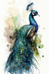 Drawing of a beautiful peacock in watercolor style. Generative AI