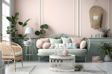 Generative ai vintage living room, pastel color interior design