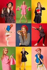 Collage. Portraits of beautiful young girl posing in different clothes over multicolored background. Diverse lifestyle. Concept of youth, beauty, fashion, hobby, emotions, facial expression. Ad