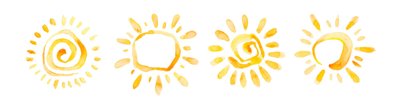 Set of cartoon sun isolated on white made in watercolor hand drawn style