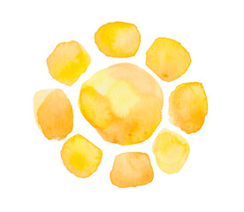 Watercolor sun isolated on white background. Sunset or rising sun illustration. Fire, tropical, flame colors round shape with watercolour stains. Orange, red and yellow circle with uneven edges.