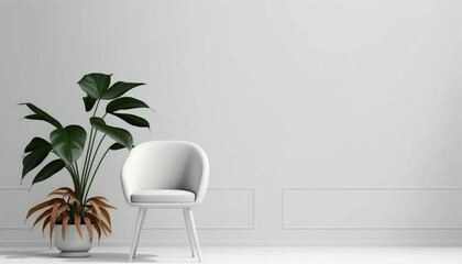 Fototapeta premium Modern Chair and Amazon Lily Plant on White Wall Background generative ai