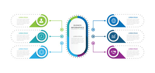 Modern infographic template. Creative circle element design with marketing icons. Business concept with 6 options, steps, sections.
