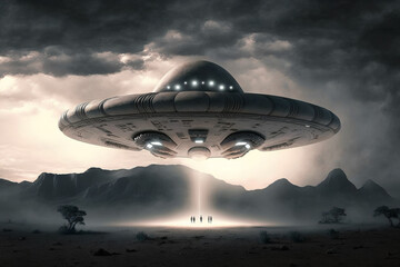 Obraz na płótnie Canvas Large UFO hovering above some people AI generative 