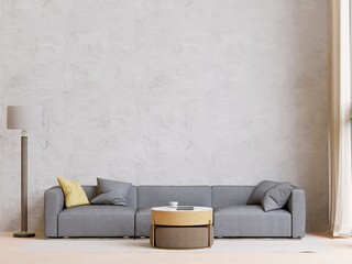 big white living room.loft interior design,gray and black sofa,wooden table,carpet ,concrete wall for mock up and copy space