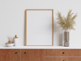 big white living room.interior design,wooden sideboard,vase decoration, frame for mock up and copy space.