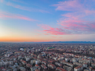 Sofia (Bulgaria) city after sunset with colorful clouds after a windy day