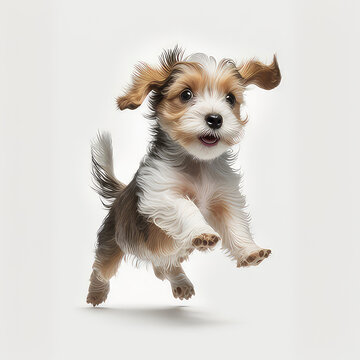A playful, full-body image of a little dog running and playing on a white background. Perfect for pet-related projects, such as advertisements, social media posts, or pet care blogs. This high-quality