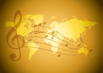 vector background with wavy music notes and yellow world map - golden banner