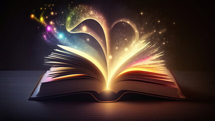 Magic book reading for study new skills development of imagination, opened magic book on table with colorful sparkles on pages. Opened book for learning new knowledge, generative AI