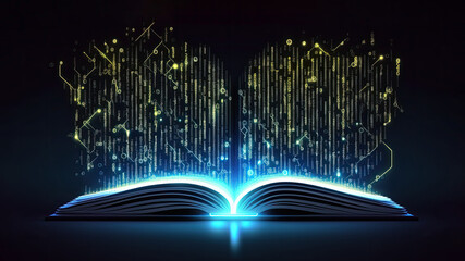 Electronic e book reading for study new skills, development of imagination, opened blue neon glowing e book with symbols, paperless book reading concept. Opened eBook for learning, generative AI