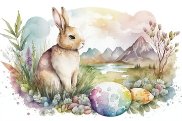 Watercolor Painting Easter Bunny, Eggs, Nature Landscapes, Happy Easter Day, Cute Bunny Generatedfor Creative Posters, Ad Campaigns, Flyers, Easter Day, Generative Ai