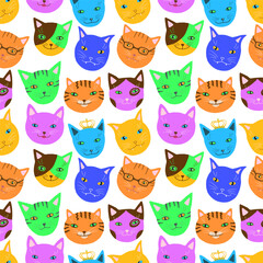 Seamless multicolor pattern with funny cats muzzles set. Hand drawn cute bright colorful kittens head clip art. Kitty breeds collection background. Vector artistic cartoon simple cute pretty pets.