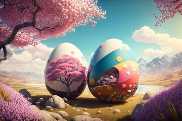 Beautiful Spring Landscape With Big Colorful Easter Eggs, Surreal Dream Illustration, Easter Day, Generative Ai