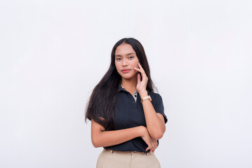A pretty young Filipina intern in a black polo shirt and khaki pants. Isolated on a white background.