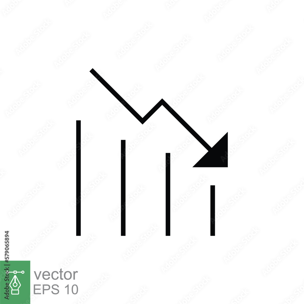 Poster graph down, reduce progress glyph icon. simple solid style efficiency decrease graphic, finance char