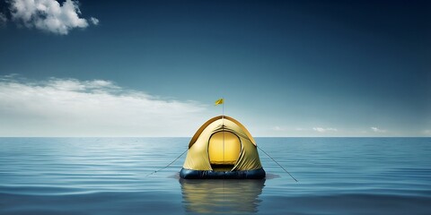 Fototapeta une tente de camping flotte sur la mer bleu, ciel bleu - generative ai obraz