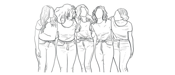 Creative Doodle Hand Drawing of Group of Women. International Women's Day banner, poster, card. Diverse women standing together for feminism, freedom, independence, empowerment, women rights, equality