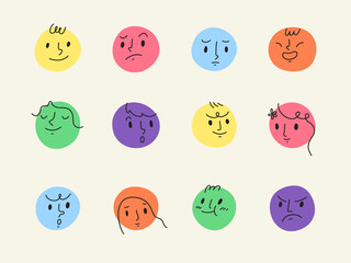 Set of colorful various face expression icons. Concept of state of mind, mental health, emotion, emoticon, feeling. Doodle style. Flat vector illustration cartoon.
