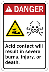 Acid chemical warning sign and labels acid contact will result in severe burns, injury, or death
