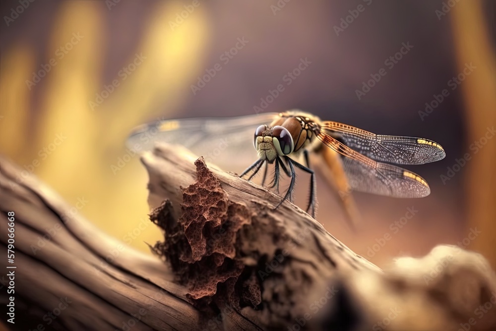 Poster a close-up of a dragonfly perched on a dry stick against a hazy background generative ai