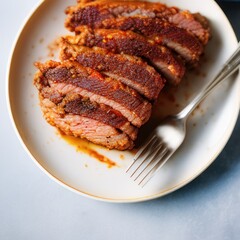beef steak with vegetables, on plate, nice background, delicious food, fork, modern sleek, juicy steak