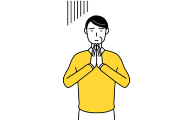 体の前で手を合わせて謝る定年退職したシニア・中年男性